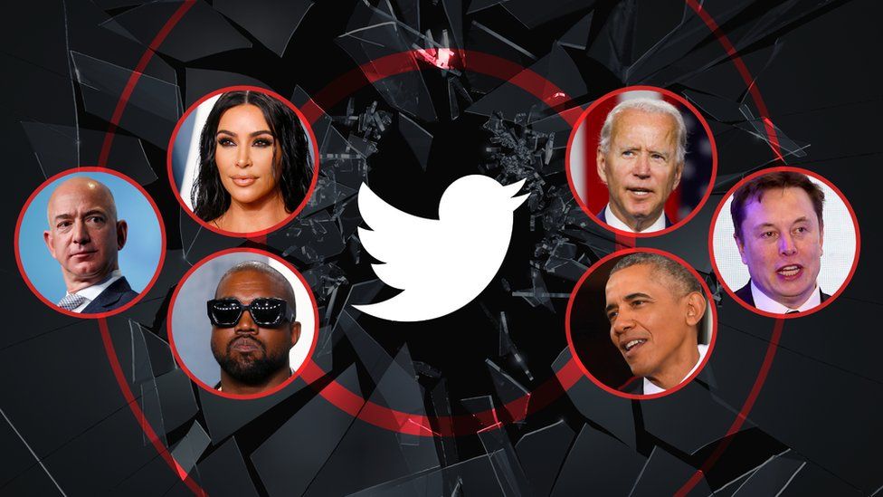 A photo illustration shows a range of celebrities - Kim Kardashian, Joe Biden, Elon Musk, Barack Obama, Kanye WEst, and Jeff Bezos - arrayed around a shattered glass image with the Twitter logo at its cetnre
