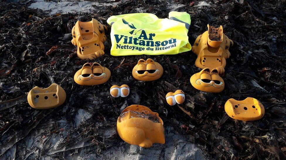 A collection of assorted Garfield phone fragments are shown arranged around some seaweed on the beach, with and Ar Viltansou high-viz vest visible