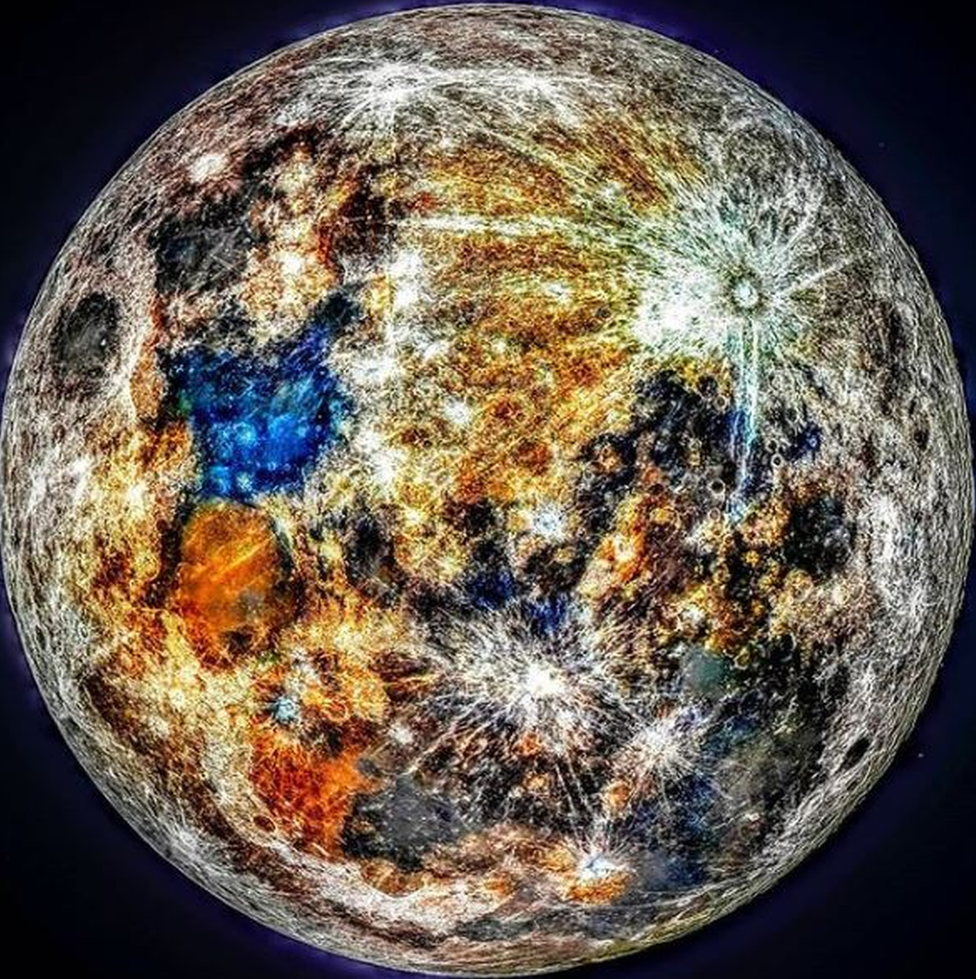 An image of the moon showing blue and orange colours.