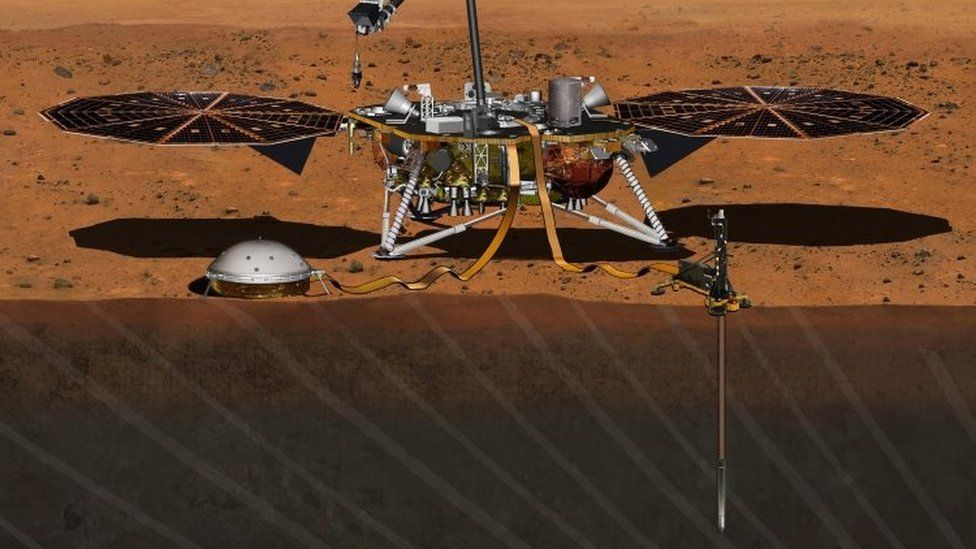 An artist's image depicts the InSight spacecraft studying the interior of Mars