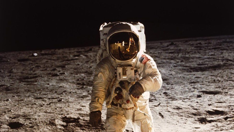 Astronaut Buzz Aldrin walks on the moon, 20 July 1969