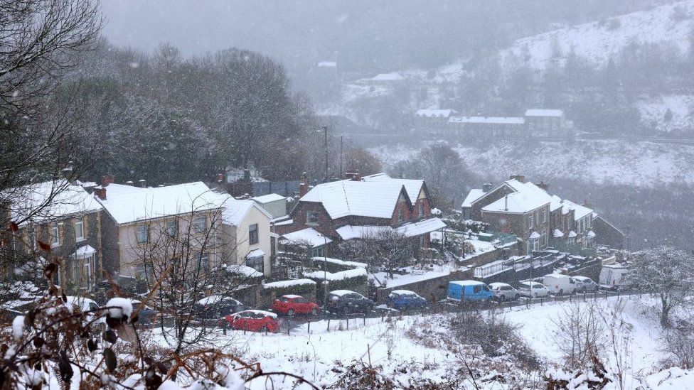 A row of snow-covered houses in Aberbeeg, Wales on Wednesday