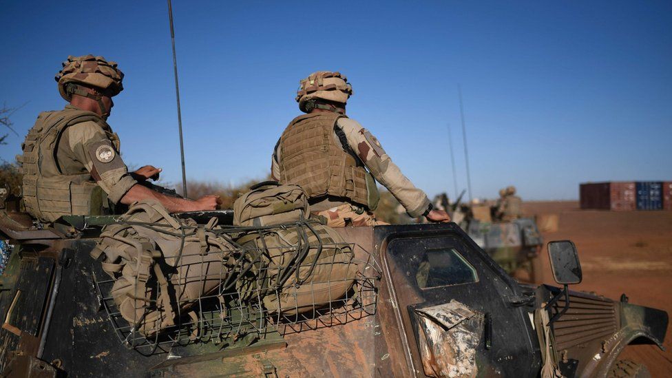 French soldiers on a military vehicle during the visit of the French president in Gao, northern Mali. 13 Jan 2017