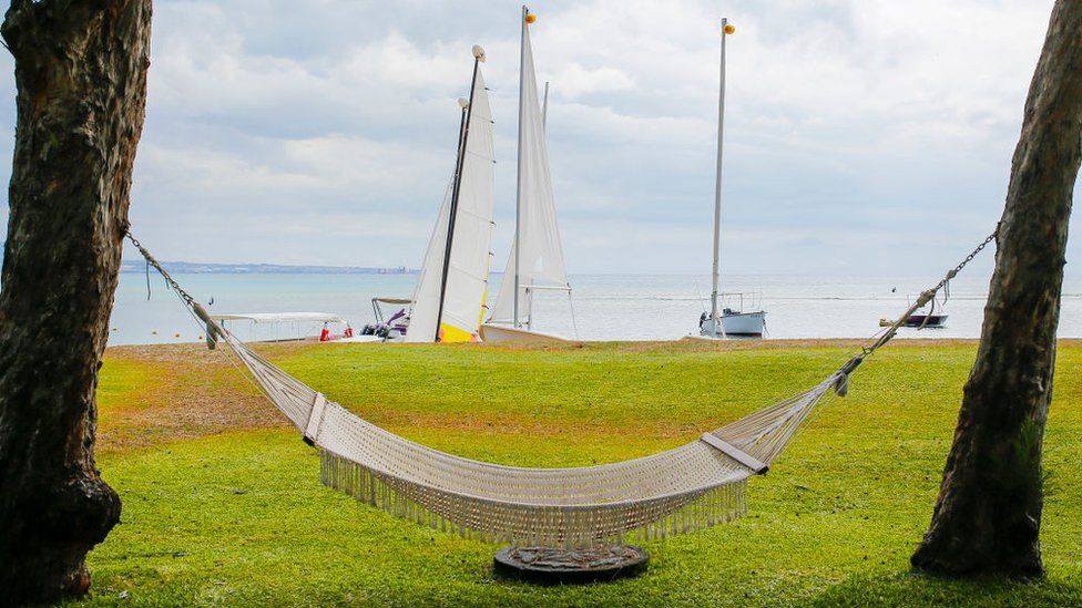 A hammock next to the beach and Indian Ocean at The Oberoi Hotel on December 07, 2016 in Turtle Bay, Mauritius