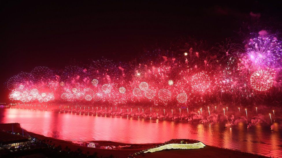 New Year's Eve fireworks erupt over Ras al-Khaimah, one of the world's largest fireworks shows on 1 January 2021.