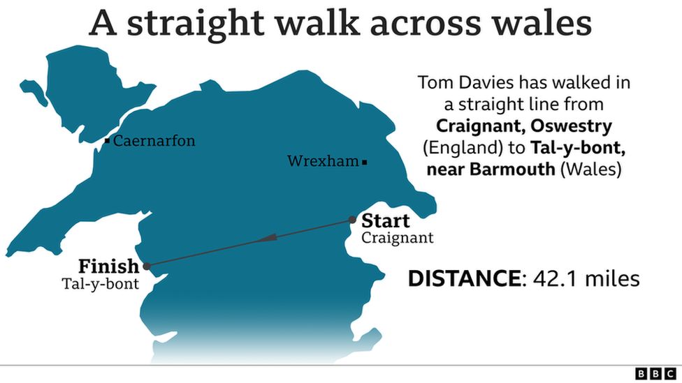 Map of where Mr Davies walked from and to