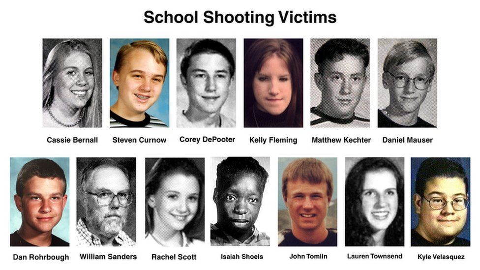 This combo shows the 13 victims from the school shooting at Columbine High school in Littleton, Colo. Top row from left are Cassie Bernall, Steven Curnow, Corey DePooter, Kelly Fleming, Matthew Kechter, and Daniel Mauser. Bottom row from left are Daniel Rohrbough, William Sanders, Rachel Scott, Isaiah Shoels, John Tomlin, Lauren Townsend, and Kyle Velasquez. The thirteen were shot by two boys who left the school the year before, Eric Harris and Dylan Klebold