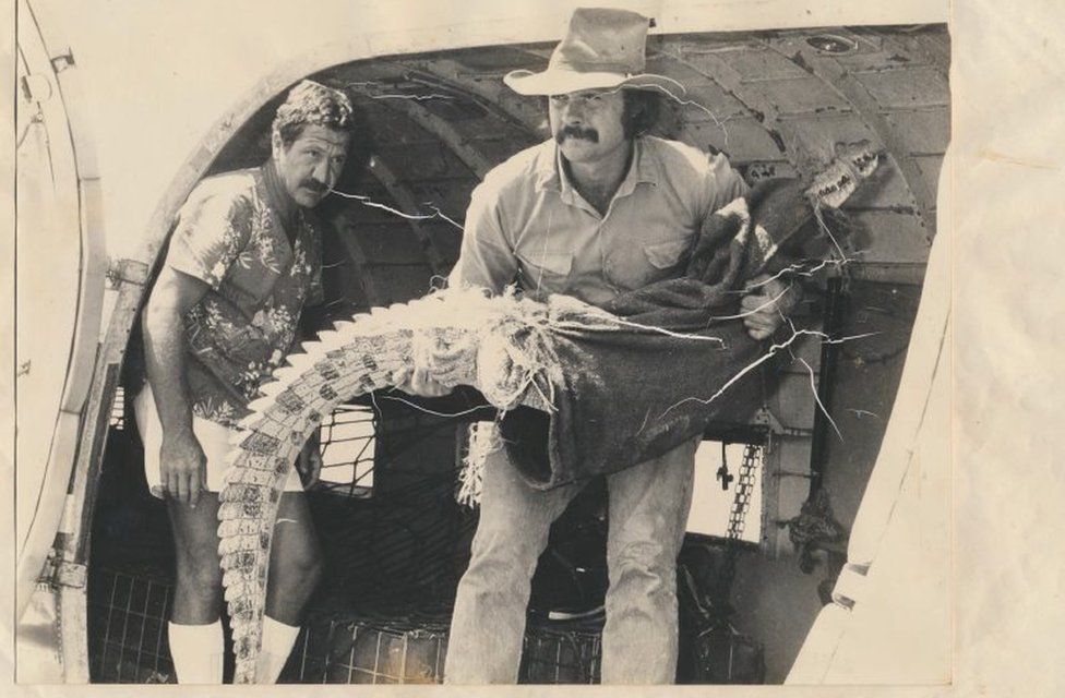 A 1980s photograph shows Australian MP Mr Entsch holding a crocodile after a flight in Queensland