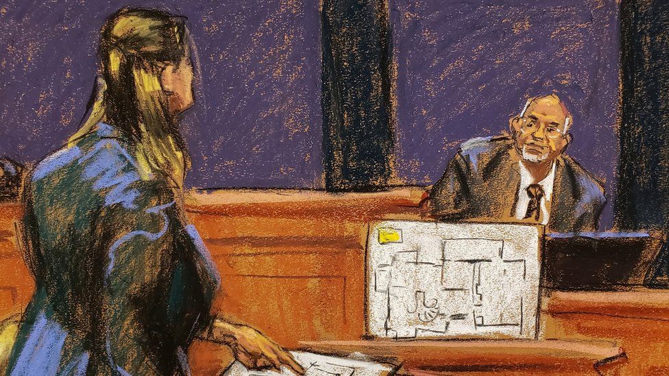 This courtroom sketch shows US attorney Maureen Comey questioning Juan Alessi with floor plan of Jeffrey Epstein's house on screen during Ghislaine Maxwell's trial on charges of sex trafficking, in New York, USA, on 2 December 2021
