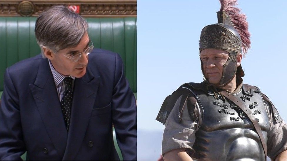 Jacob Rees-Mogg and Emperor Vespasian (played by Peter Firth)