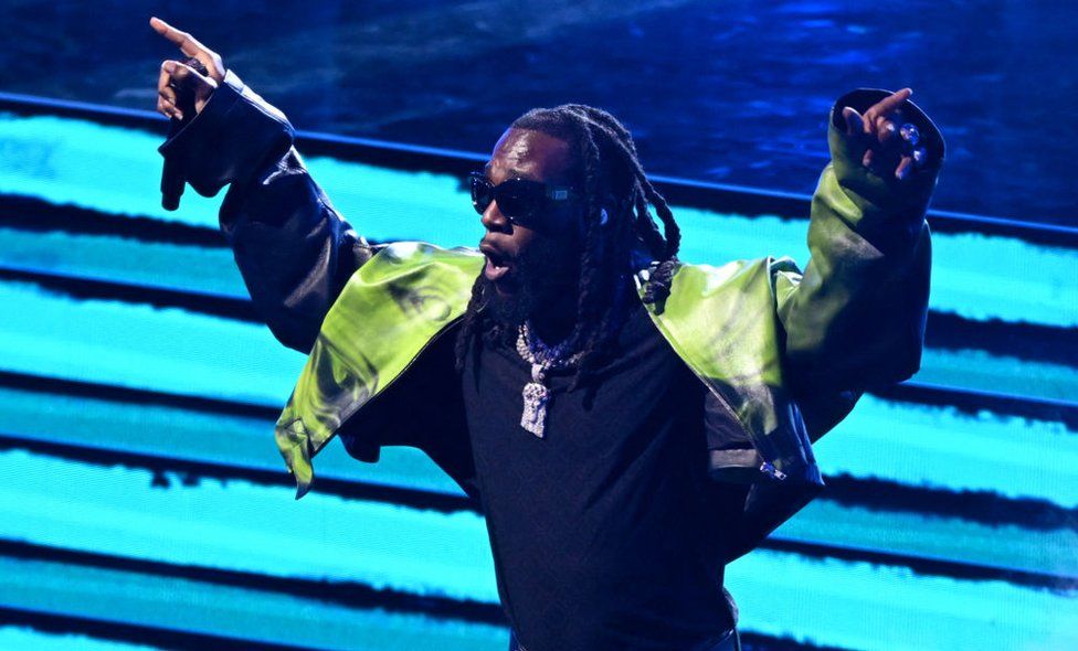Nigerian singer Burna Boy performs during the half time show of the NBA All-Star game.
