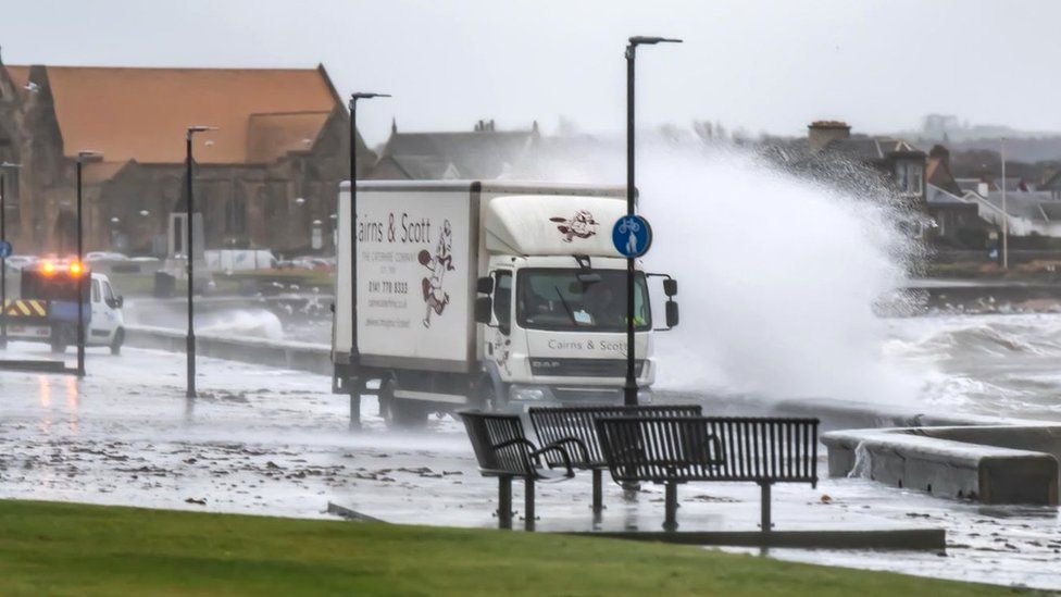 Lorry getting battered by waves in Troon