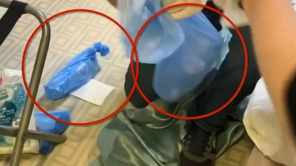 The bottles were carefully wrapped up in the hotel room by Mr Navalny's team