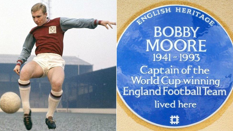 Bobby Moore playing football and blue plaque