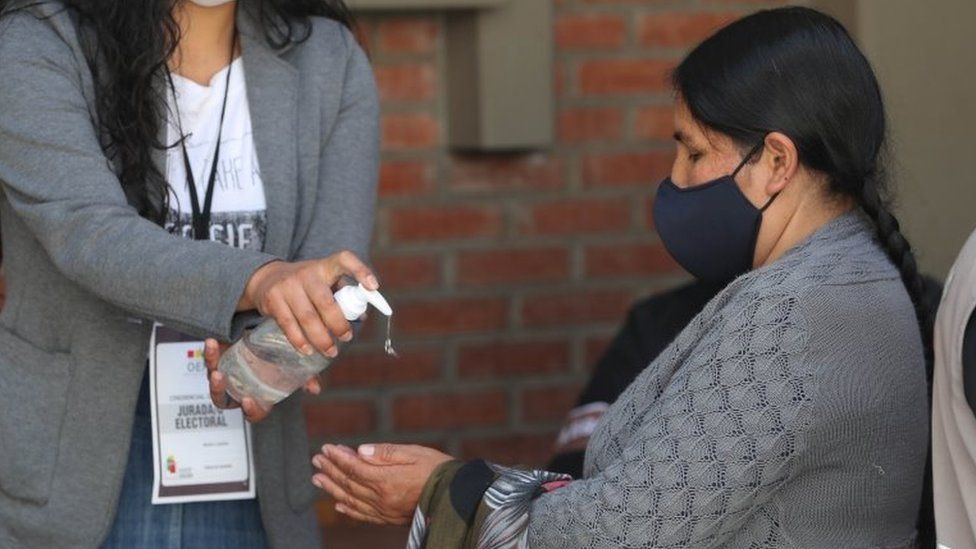 Citizens participate in a mock voting with biosafety measures, in La Paz, Bolivia, 09 October 2020 (issued 12 October).