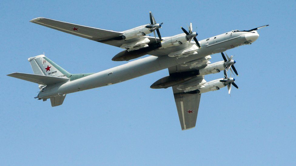 A Tupolev Tu-95MS strategic bomber rehearses for a Moscow Victory Day parade in 2018