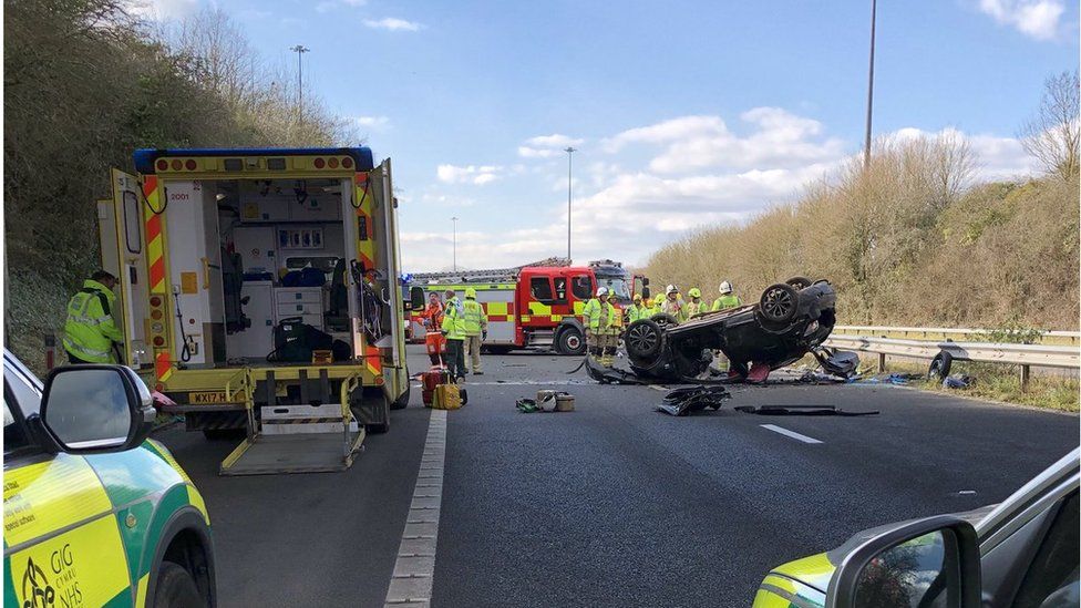 The car overturned on the M48 motorway