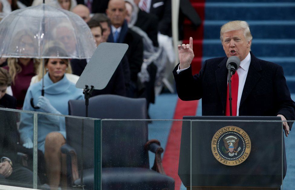 President Donald Trump delivers his inaugural address on the West Front of the U.S. Capitol on January 20, 2017.