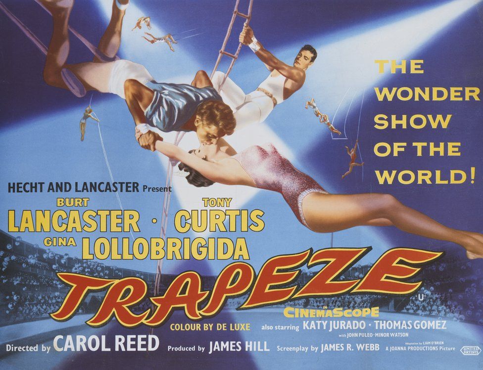 Film poster for Trapeze staring Gina Lollobrigida, Burt Lancaster and Tony Curtis.