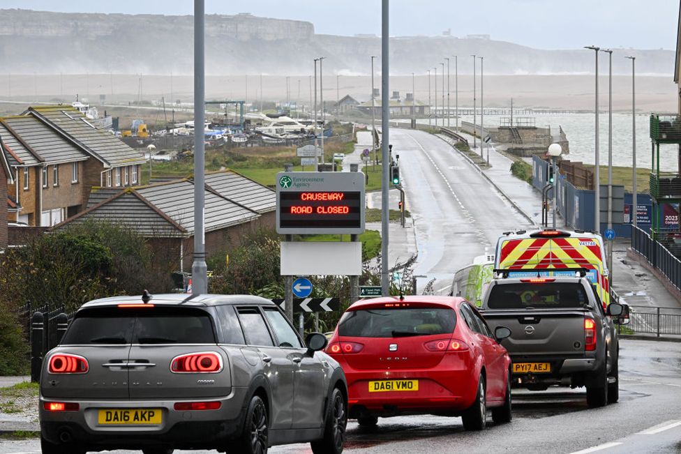 The Portland Beach Road is closed, on November 02, 2023 in Weymouth, Dorset.