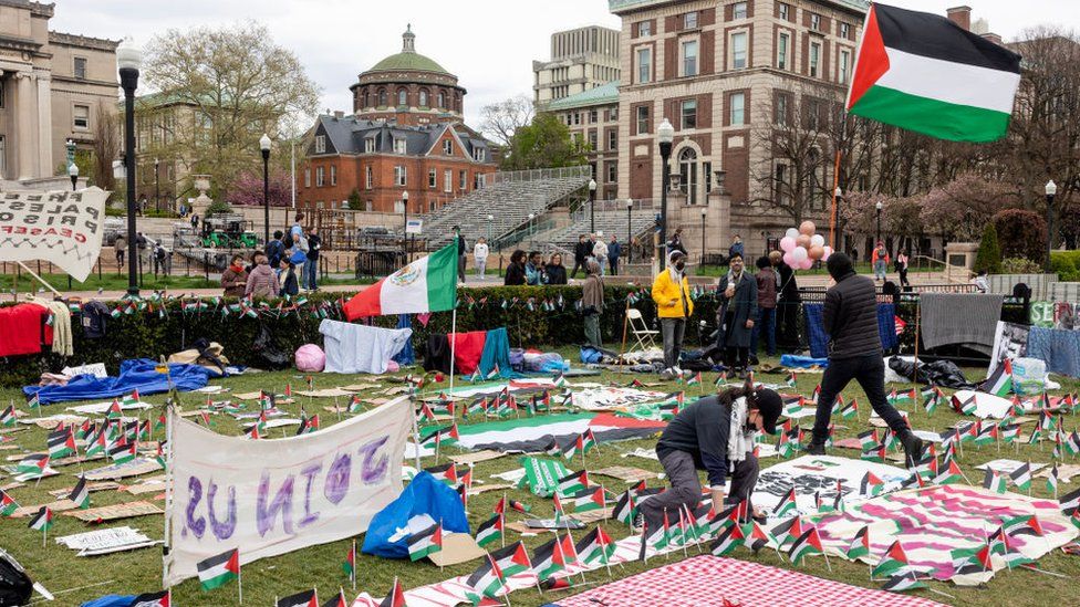 For the fifth day, pro-Palestinian students occupy a central lawn on the Columbia University campus, on April 21, 2024