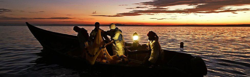 Kenyan fisherman pull up their nets in the early morning as they fish on Lake Victoria on March 3, 2016.