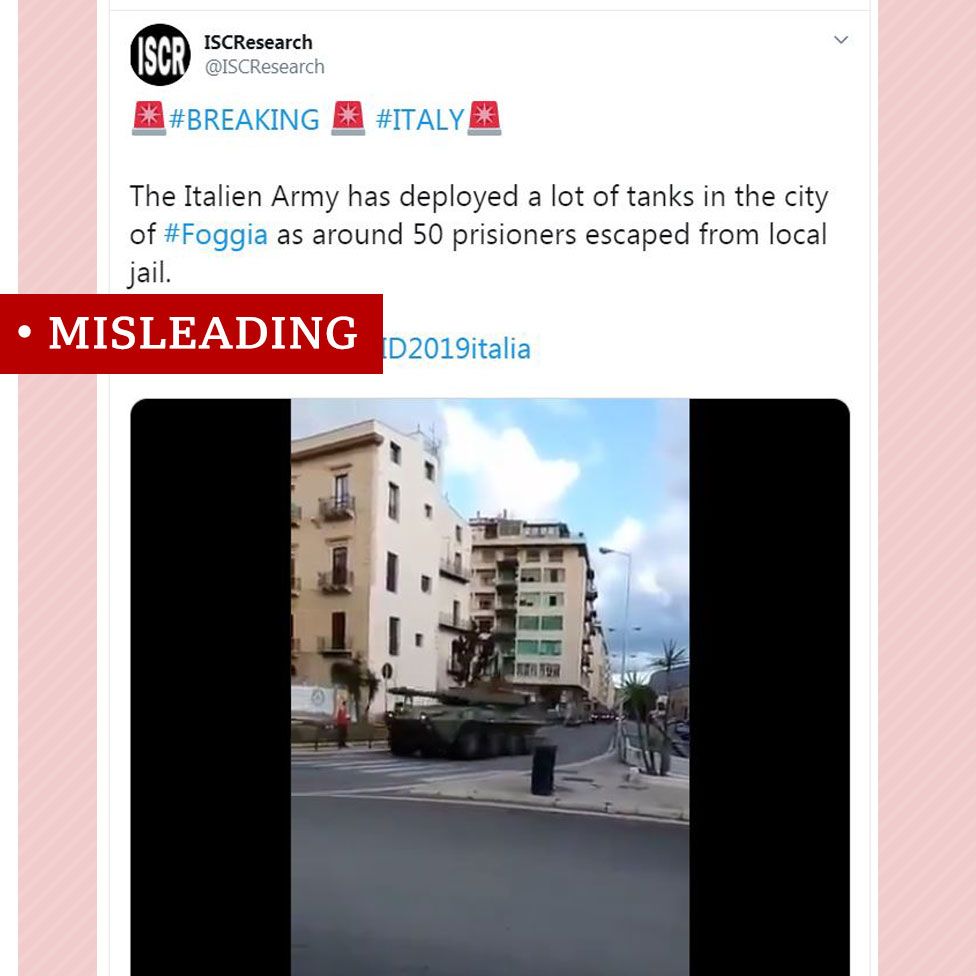 Screen-grab of a video showing a tank on a street in Sicily labelled misleading
