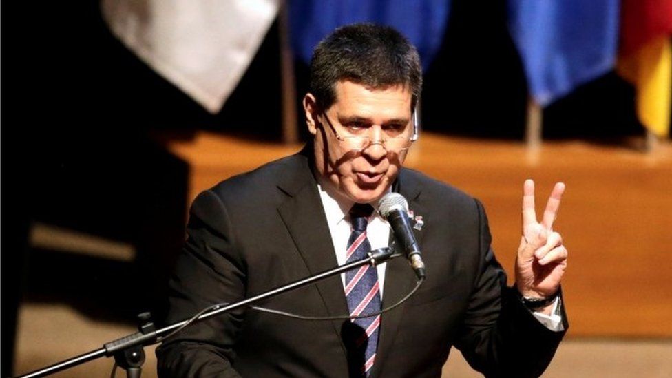 Paraguay"s President Horacio Cartes speaks during the opening ceremony at the Annual Meeting of the Board of Governors of the Inter-American Development Bank in Asuncion