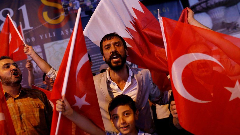 People shout slogans as they hold Turkish and Qatari flags during a demonstration in favour of Qatar in Istanbul, Turkey (7 June 2017)