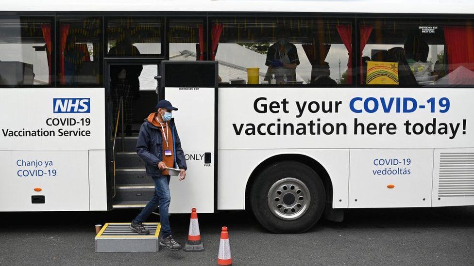 A Covid-19 vaccination bus in Bolton