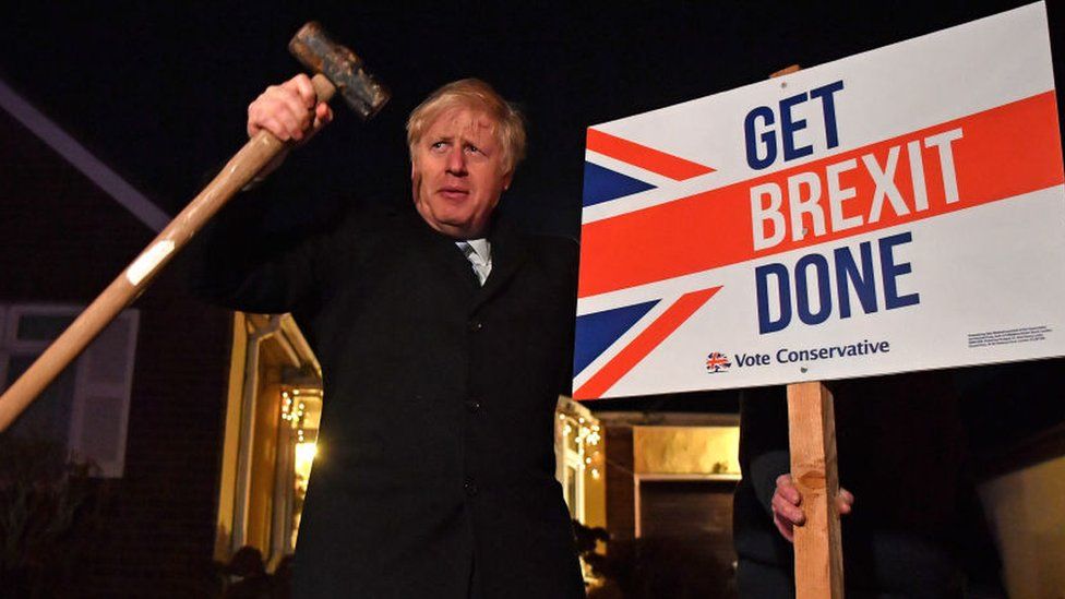 Boris Johnson holding a hammer next to a 'Get Brexit Done' sign