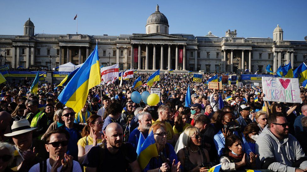 People take part in a solidarity march in London for Ukraine, following the Russian invasion