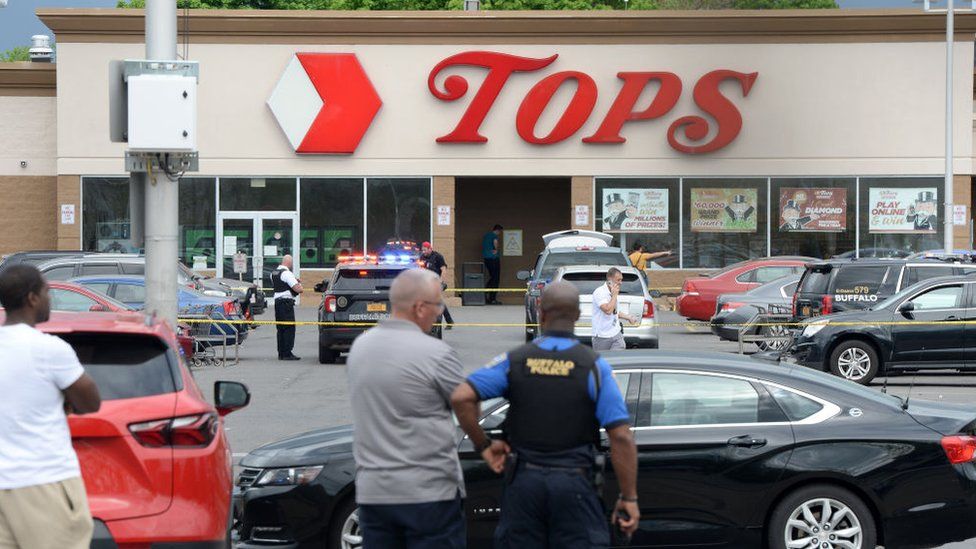 Police at the scene of a shooting at Tops Friendly Market store in Buffalo, New York on 14 May