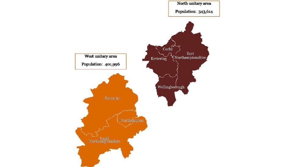 Map showing how the new councils will become two unitaries