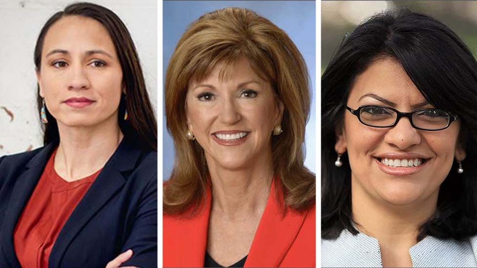 L-R Democrat Sharice Davids, Republican Susan Hutchison and Democrat Rashida Tlaib, who is almost certain to be the first Muslim woman in Congress