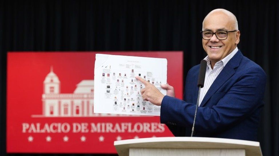 Handout photo released by Miraflores palace press office showing Venezuela's Communications Minister Jorge Rodriguez speaking during a press conference at the Miraflores Palace in Caracas, Venezuela on Jun 26, 2019