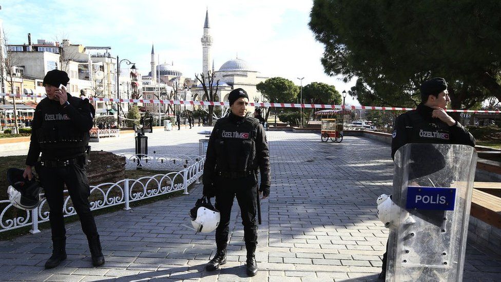 Policemen secure an area at the historic Sultanahmet district, which is popular with tourists, after an explosion in Istanbul