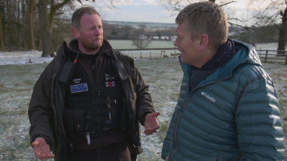 Sgt Kevin Kelly, of North Yorkshire Police’s Rural Taskforce, talking to Countryfile reporter Tom Heap