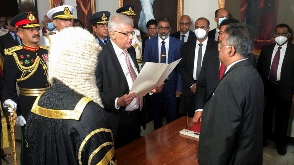 Ranil Wickremesinghe sworn in as the new president of Sri Lanka by the Chief Justice Jayantha Jayasuriya at the parliament, amid the country