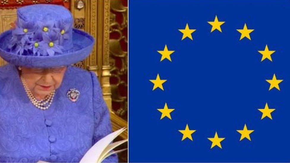 pic of queen and pic of EU flag