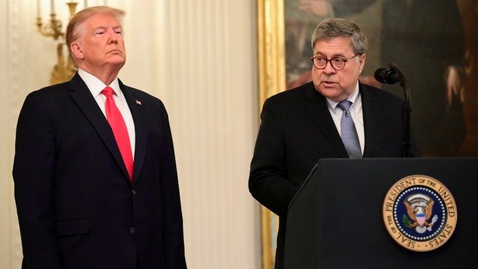 Donald Trump and William Barr give a press conference in December