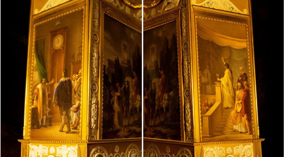 A composite image showing the two sides of a clock that have panel paintings