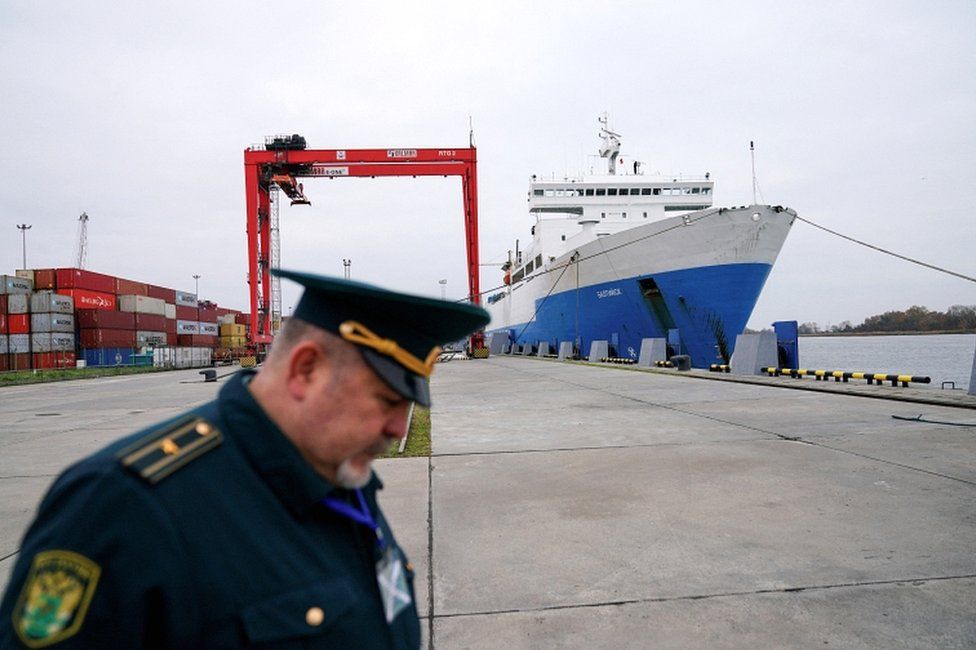 A Russian customs officer works at a commercial port in the Baltic Sea town of Baltiysk in the Kaliningrad region, Russia, in October 2021