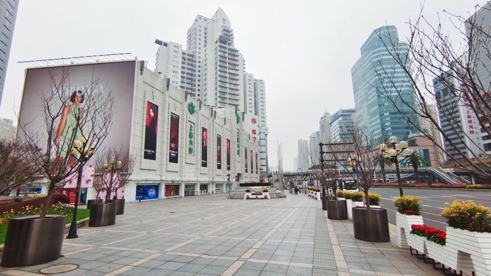 An empty street is seen in downtown Shanghai China