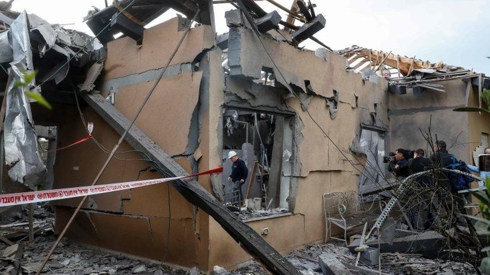 A general view shows a damaged house after it was hit by a rocket in the community of Mishmeret, north of Tel Aviv on 25 March 2019.