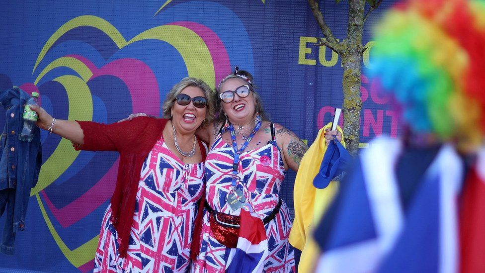 Fans in union flags outside Eurovision venue
