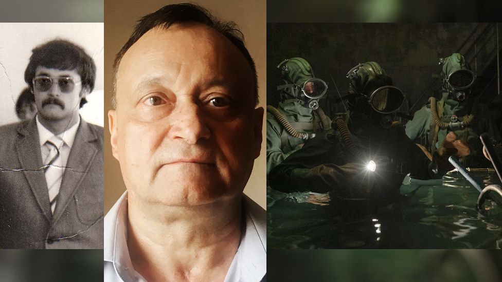 Oleksiy Ananenko in the 1980s (left), in 2019 (centre) and as depicted in Chernobyl miniseries (right).