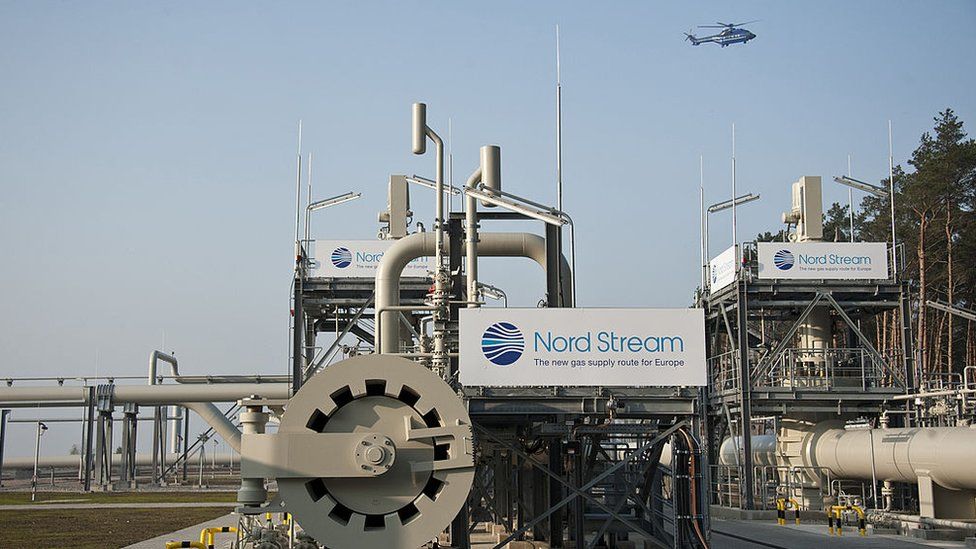 A helicopter flies over the Nordstream gas pipeline terminal prior to an inaugural ceremony for the first of Nord Stream's twin 1,224 kilometre gas pipeline through the Baltic Sea, in Lubmin November 8, 2011.