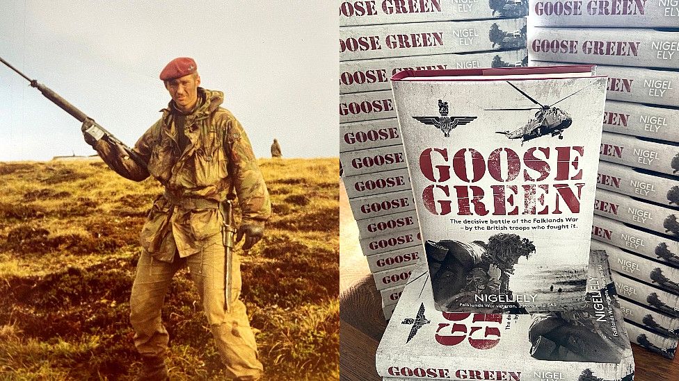 Nigel Ely as a solider in the Falklands and copies of his book Goose Green