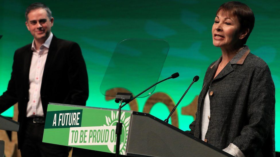 Jonathan Bartley and Caroline Lucas leaders of Green Party delivering speech